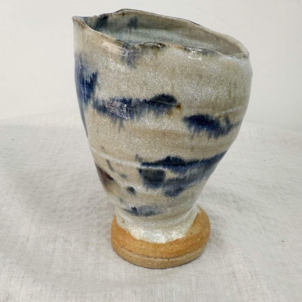 Studio Pottery Vase Cup Signed Blue Glaze Stoneware Signed Beer Vessel Unique 5"
